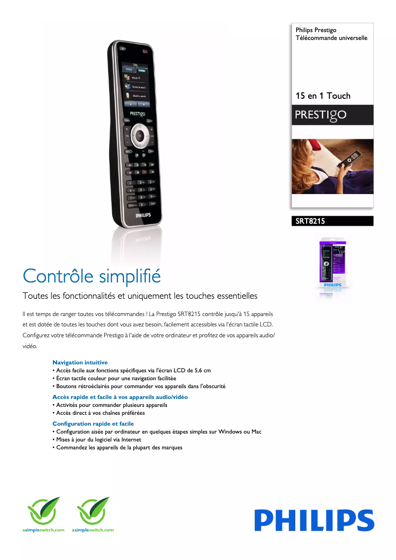 Page 1 de la notice Fiche technique Philips Prestigo SRT8215