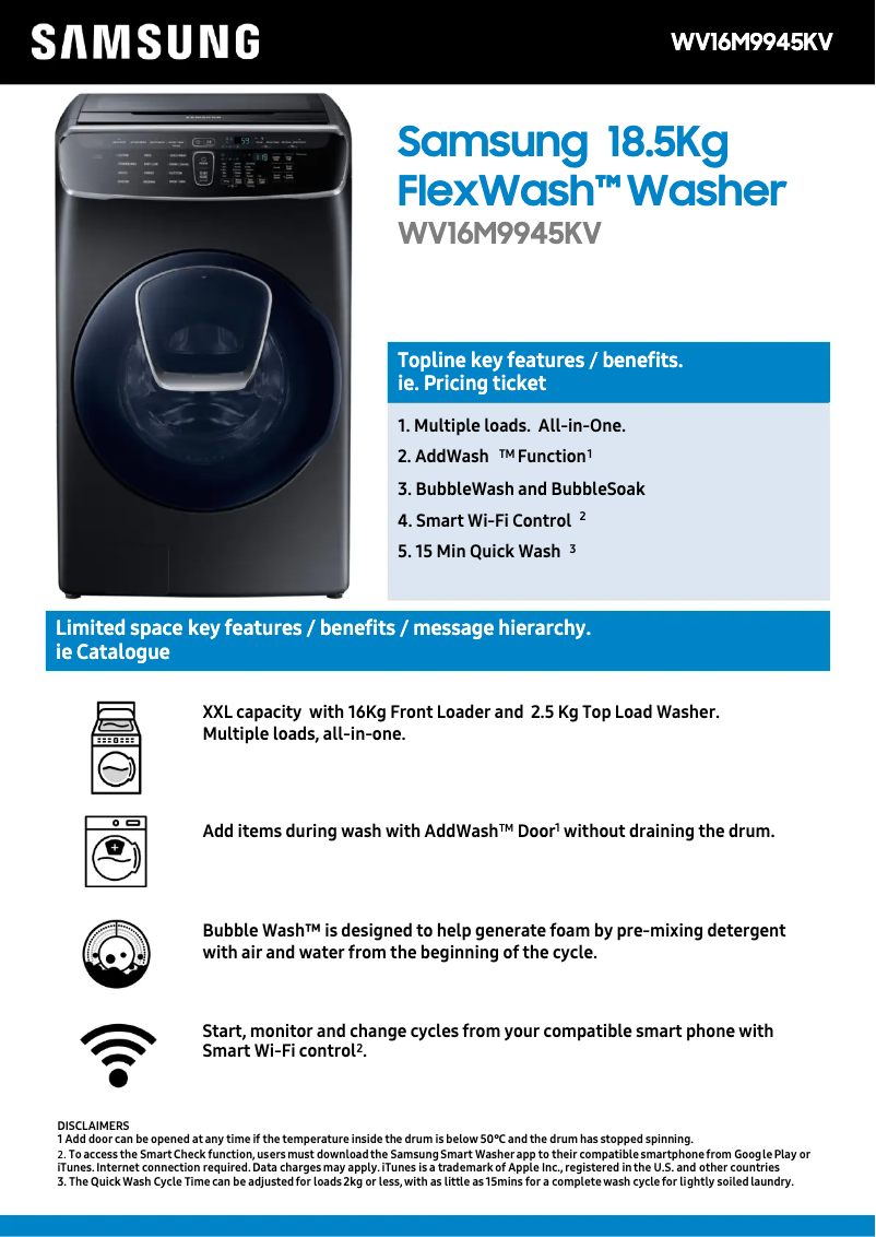 Page 1 de la notice Fiche technique Samsung WV16M9945KV