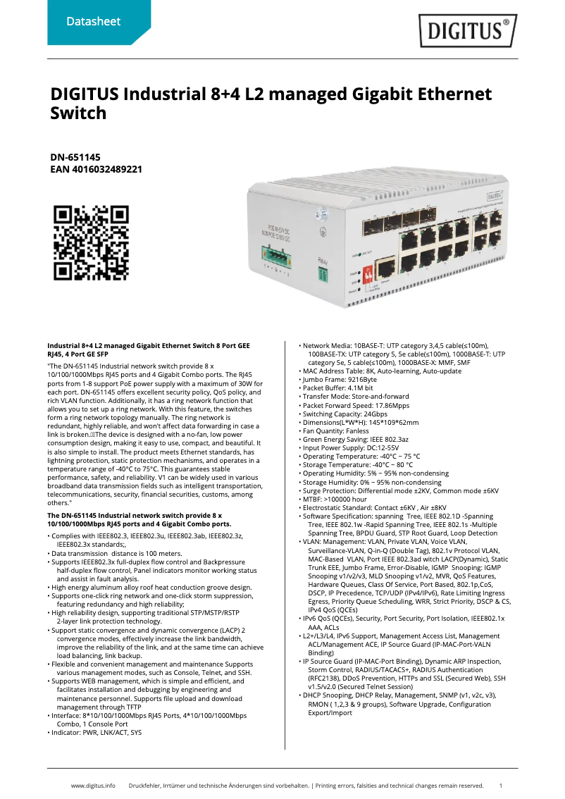 Page 1 de la notice Fiche technique Digitus DN-651145
