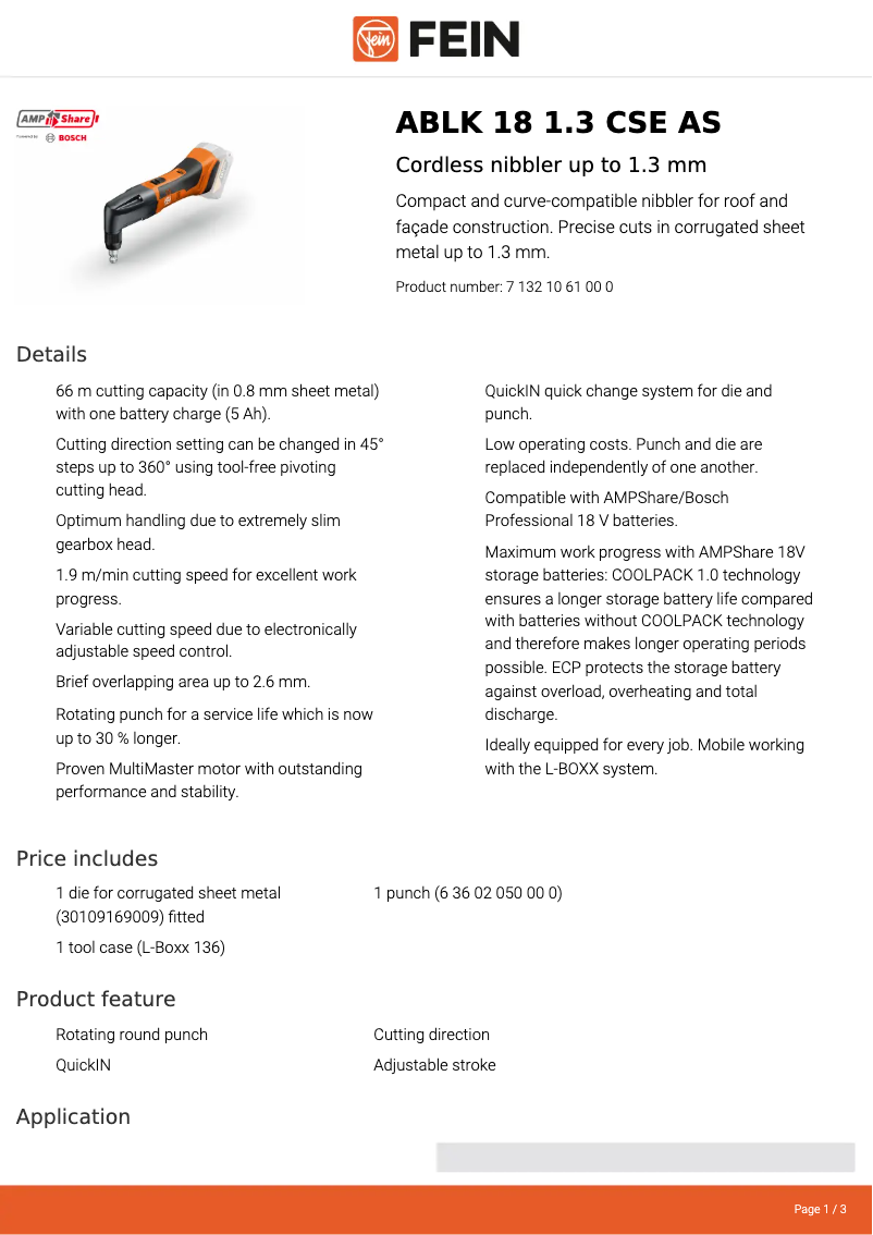 Page 1 de la notice Fiche technique Fein ABLK 18 1.3 CSE AS