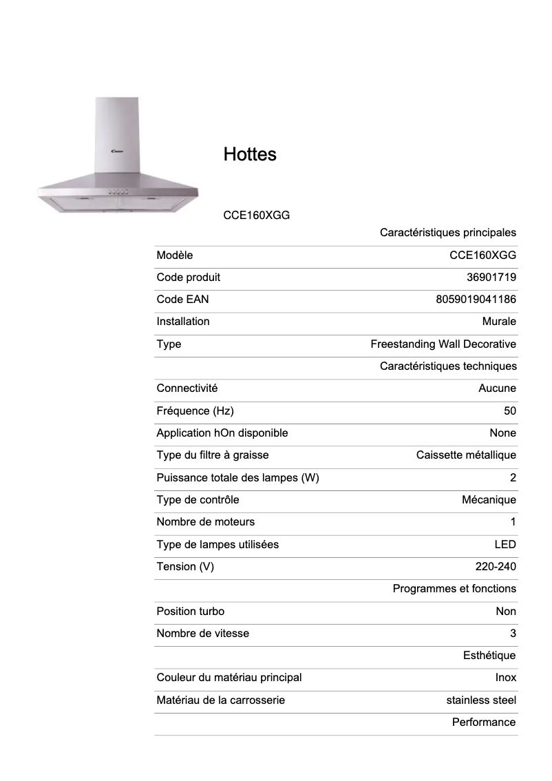 Page 1 de la notice Fiche technique Candy CCE160XGG