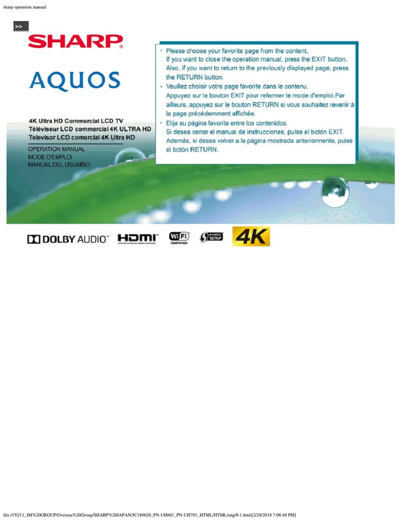 Page 1 de la notice Manuel utilisateur Sharp PN-UH701