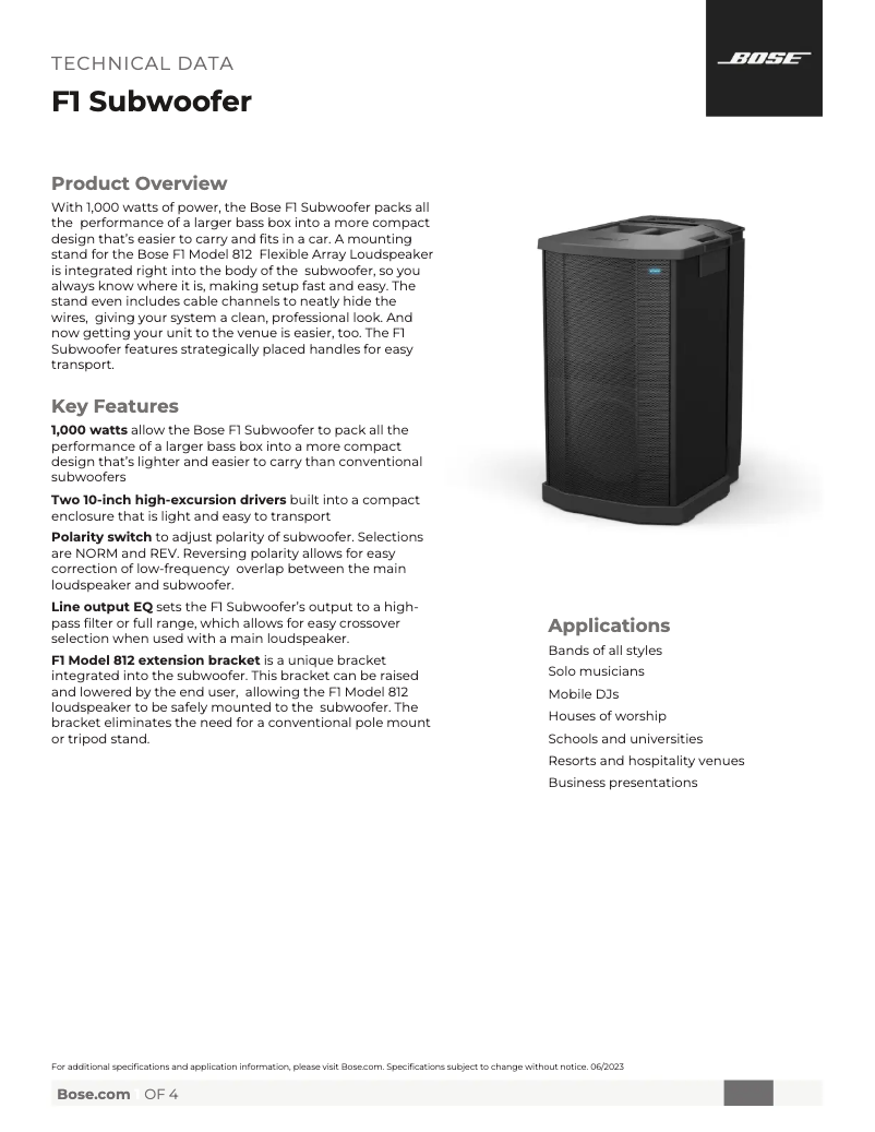 Page 1 de la notice Fiche technique Bose F1 Subwoofer