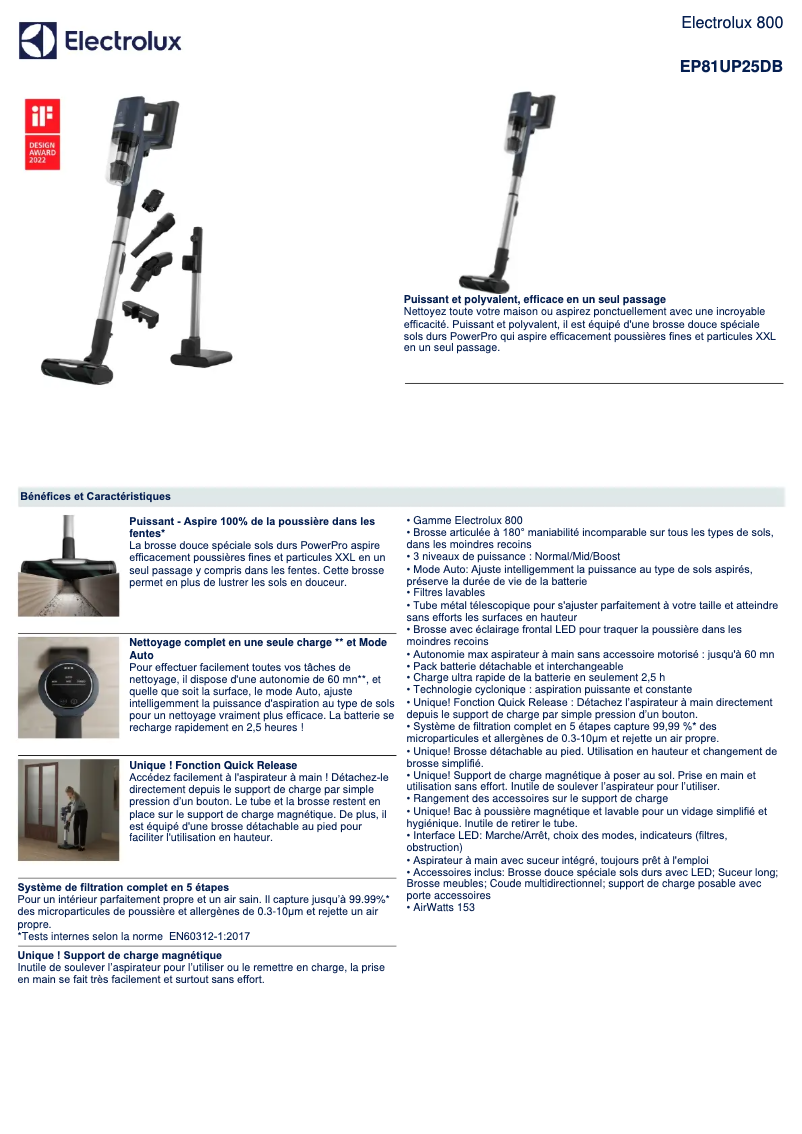 Page 1 de la notice Fiche technique Electrolux EP81UP25DB