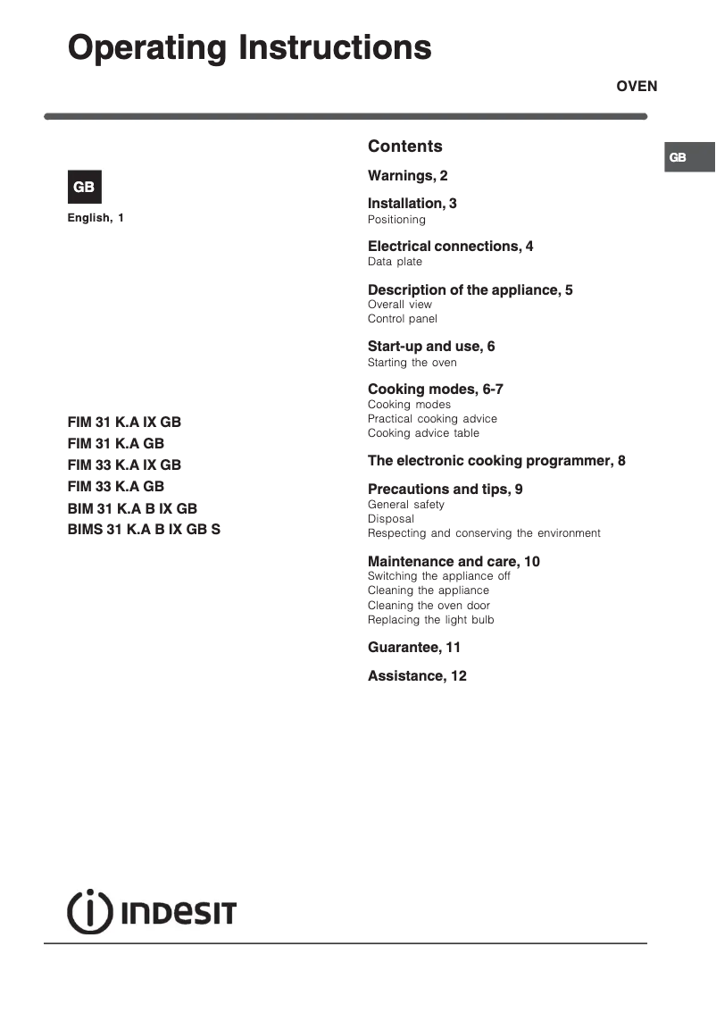 Page 1 de la notice Instructions / montage Indesit FIM 33 K.A (WH) GB