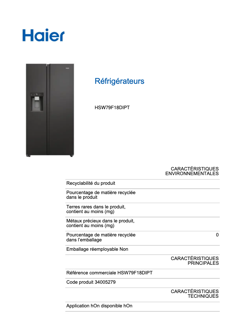 Image de la première page du manuel de l'appareil HSW79F18DIPT