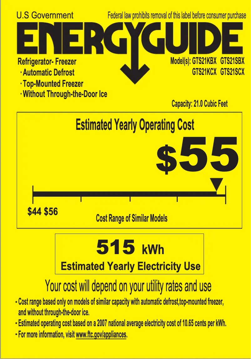 Page 1 de la notice Label énergétique GE GTS21SCXSS