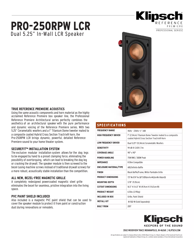 Page 1 de la notice Manuel utilisateur Klipsch PRO-250RPW LCR