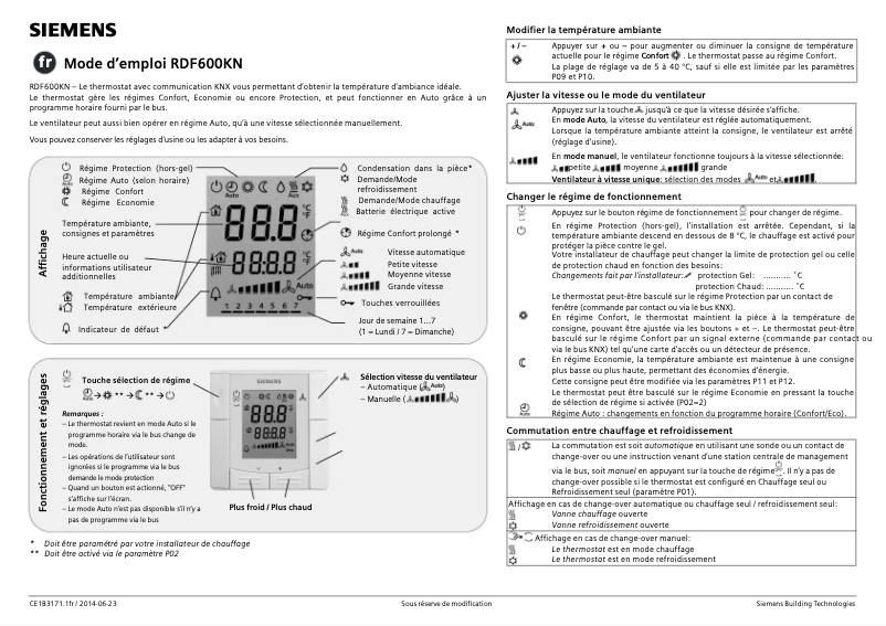 Page 1 de la notice Manuel utilisateur Siemens RDF600KN
