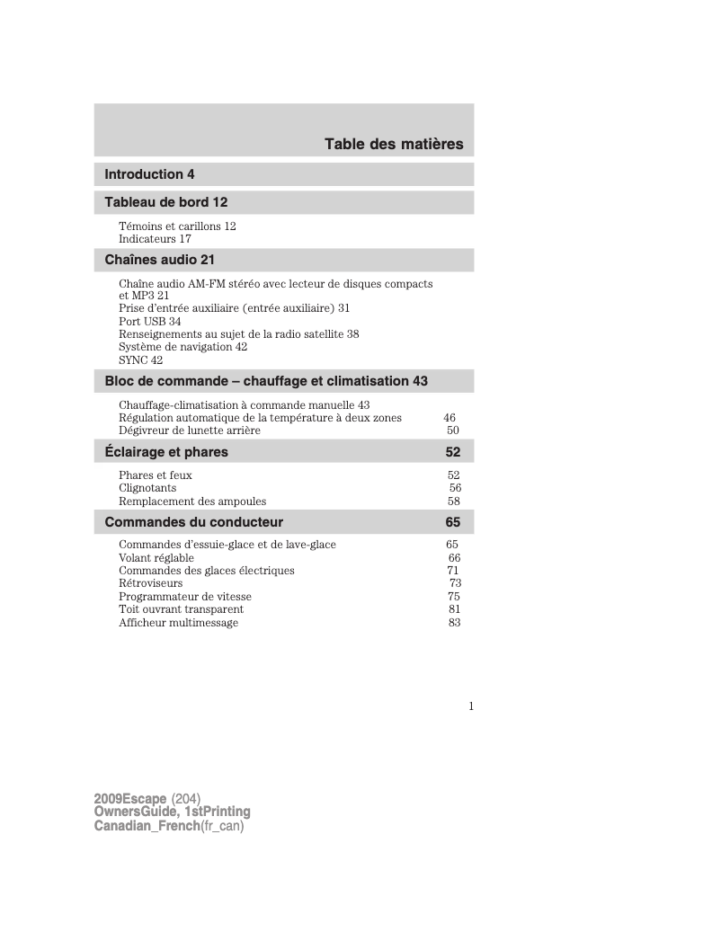 Page n°1 - Manuel utilisateur Ford Escape (2009)