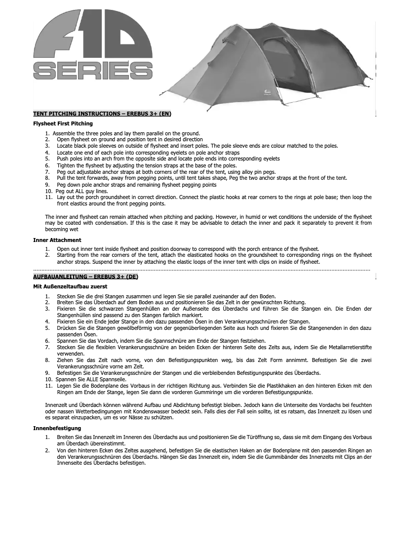 Page 1 de la notice Manuel utilisateur Vango F10 Erebus 3+