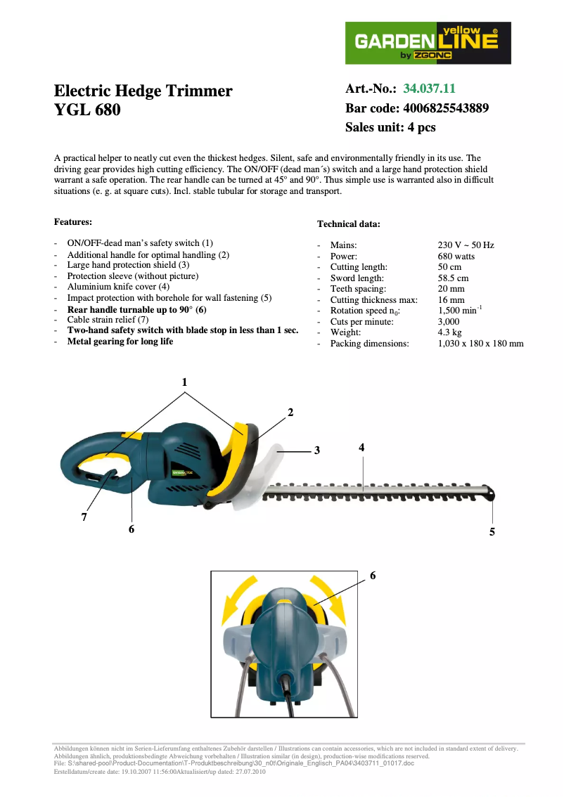 Page n°1 - Manuel utilisateur Yellow Garden Line YGL 680
