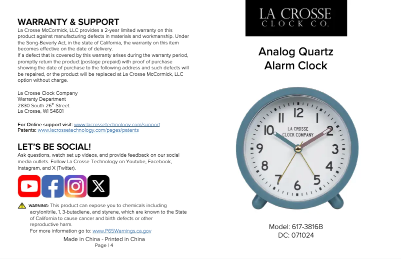 Page 1 de la notice Manuel utilisateur La Crosse Technology 617-3816B