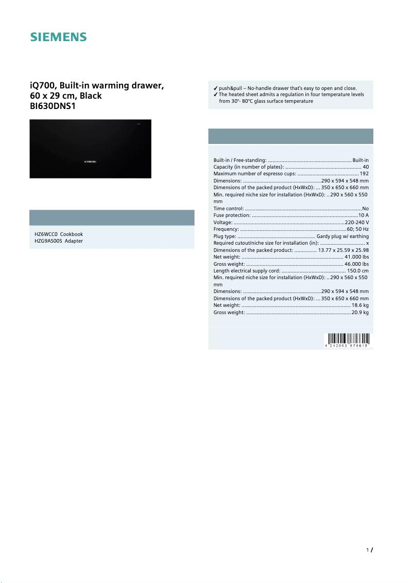 Page 1 de la notice Fiche technique Siemens BI630DNS1
