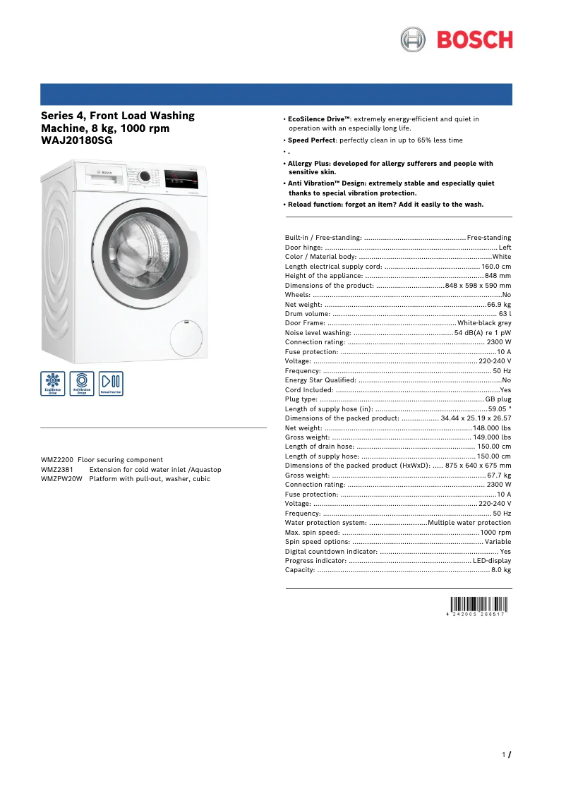 Image de la première page du manuel de l'appareil WAJ20180SG