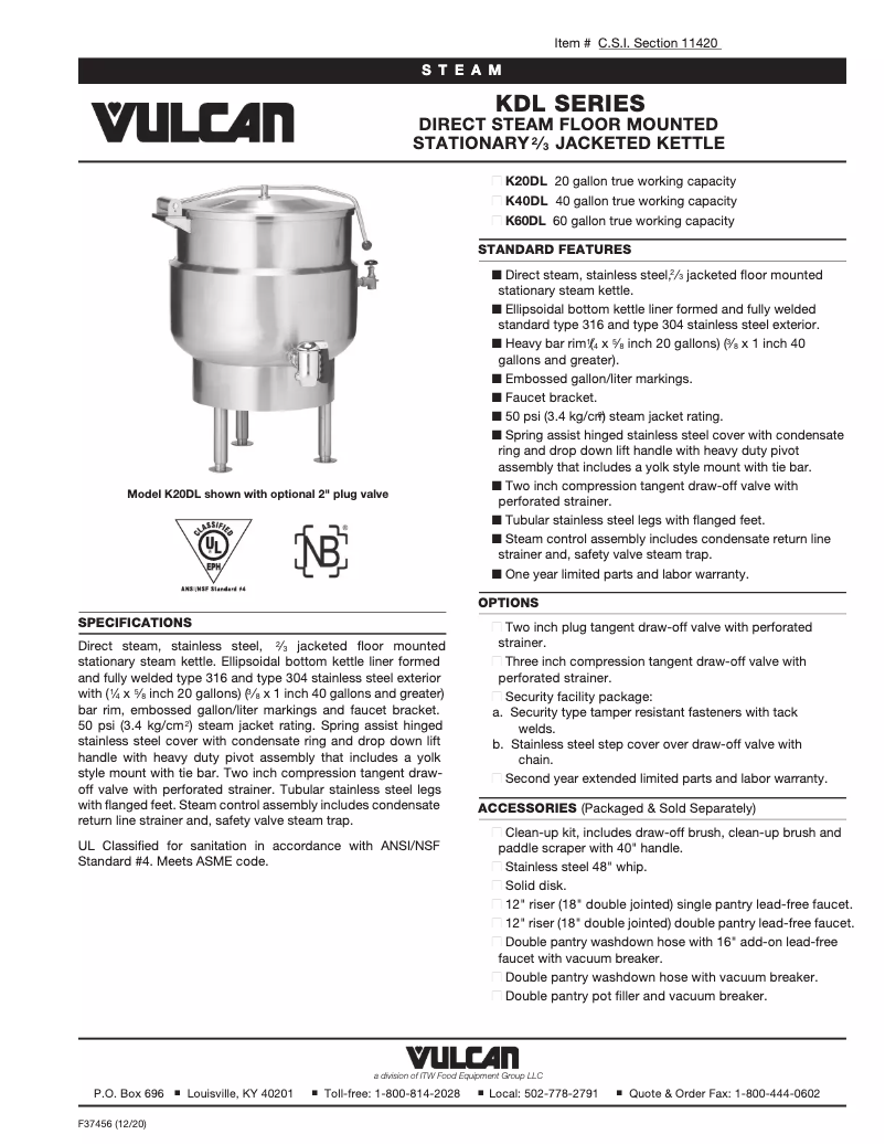 Page 1 de la notice Fiche technique Vulcan K40DL