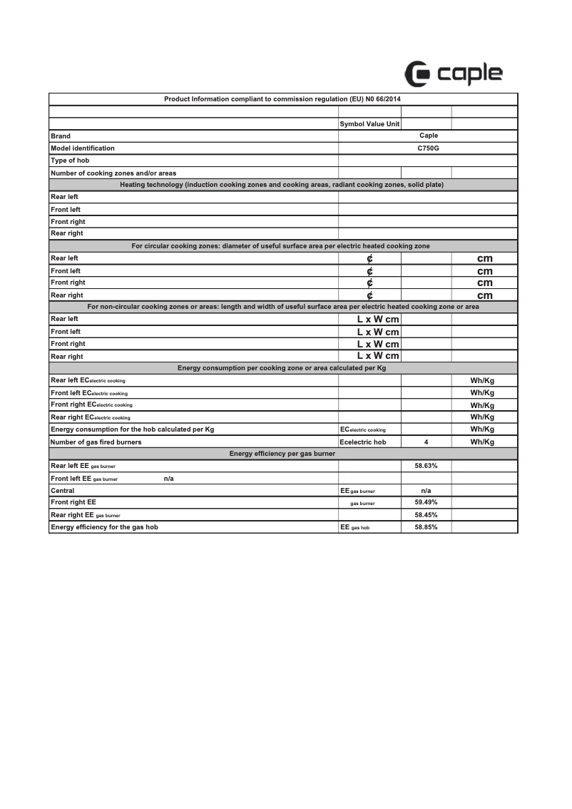 Page 1 de la notice Fiche technique Caple C750G