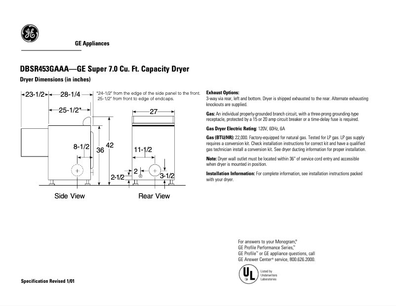 Page n°1 - Fiche technique GE DBSR453GAAA