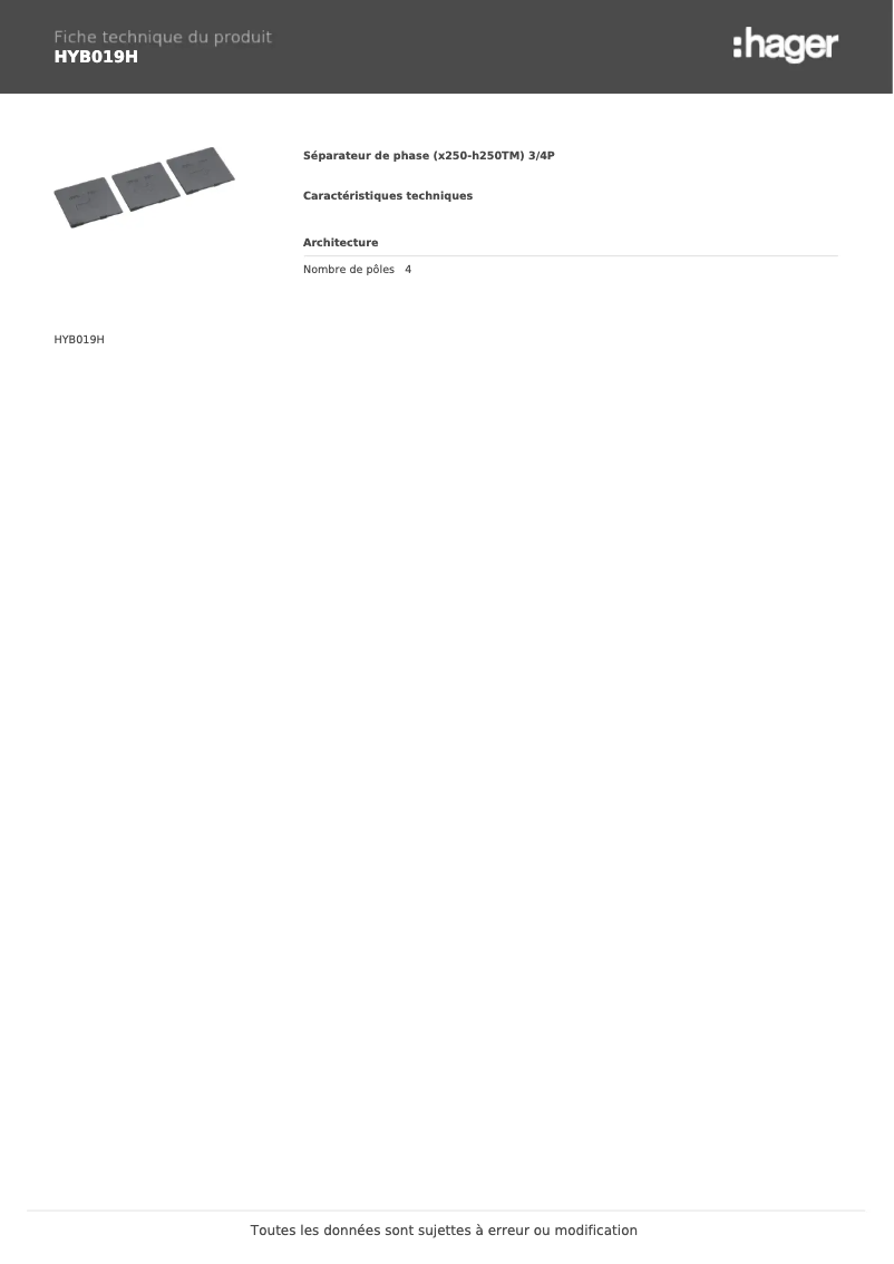 Page n°1 - Fiche technique Hager HYB019H