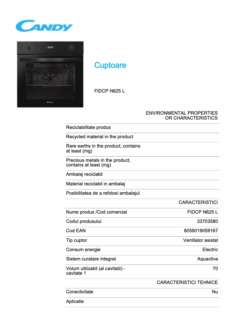Page 1 de la notice Fiche technique Candy FIDCP N625 L