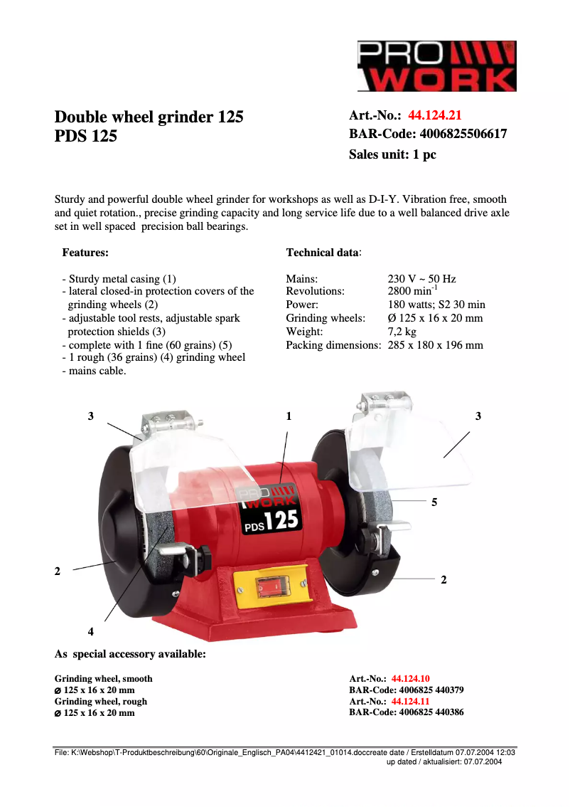 Page 1 de la notice Fiche technique Prowork PDS 125