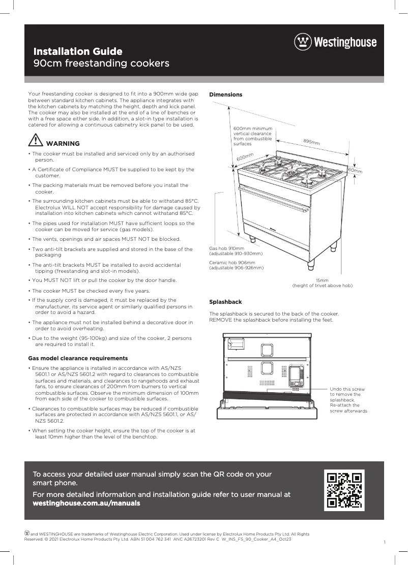 Page 1 de la notice Guide d'installation Westinghouse WFEP9757DD