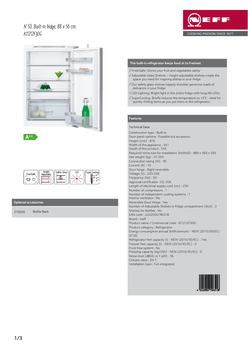 Page 1 de la notice Fiche technique Neff KI1212F30G