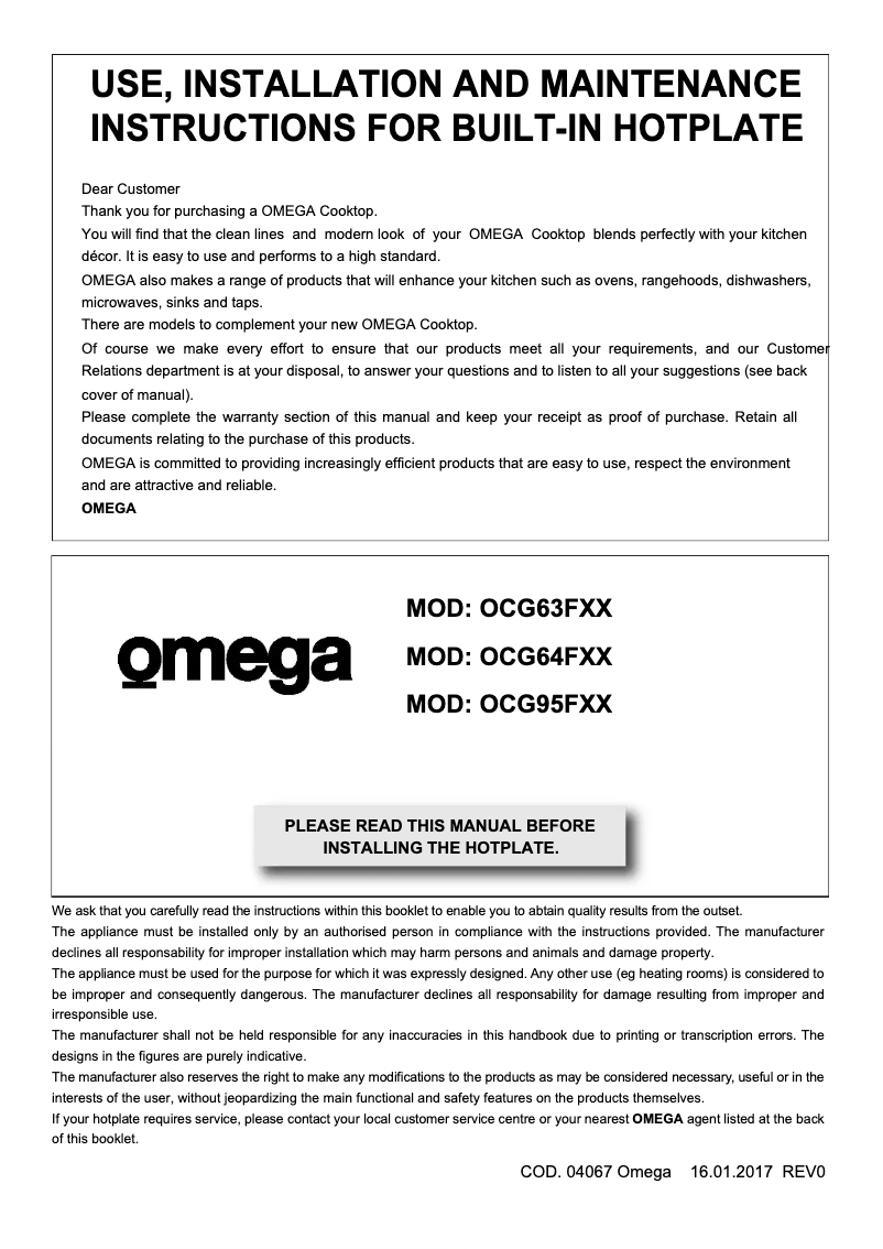 Page n°1 - Manuel utilisateur Omega OCG95FFX