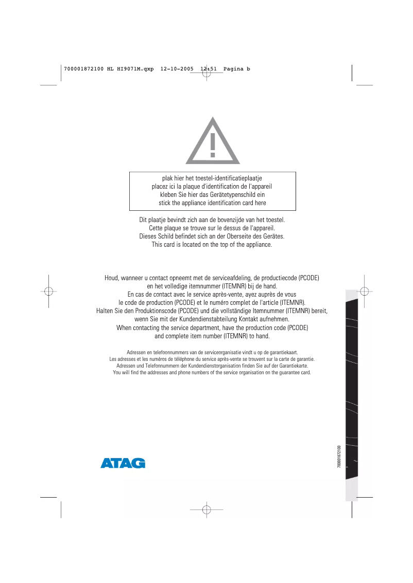 Page n°1 - Manuel utilisateur Atag HI9071M