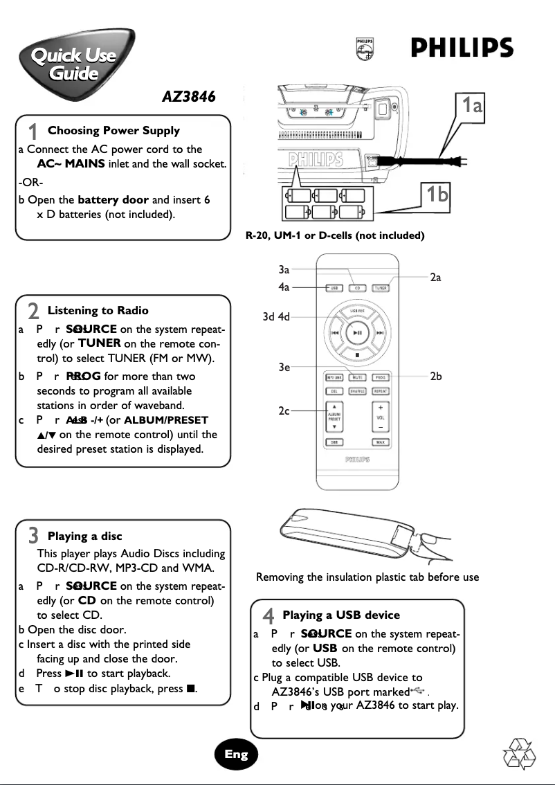 Page 1 de la notice Guide de démarrage rapide Philips AZ3846
