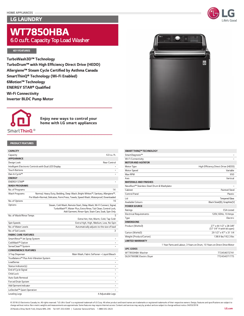 Página 1 del manual Ficha técnica LG WT7850HBA