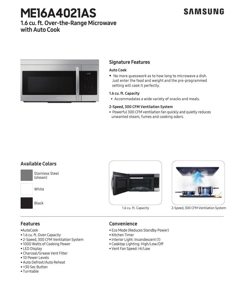 Página 1 del manual Ficha técnica Samsung ME16A4021AS