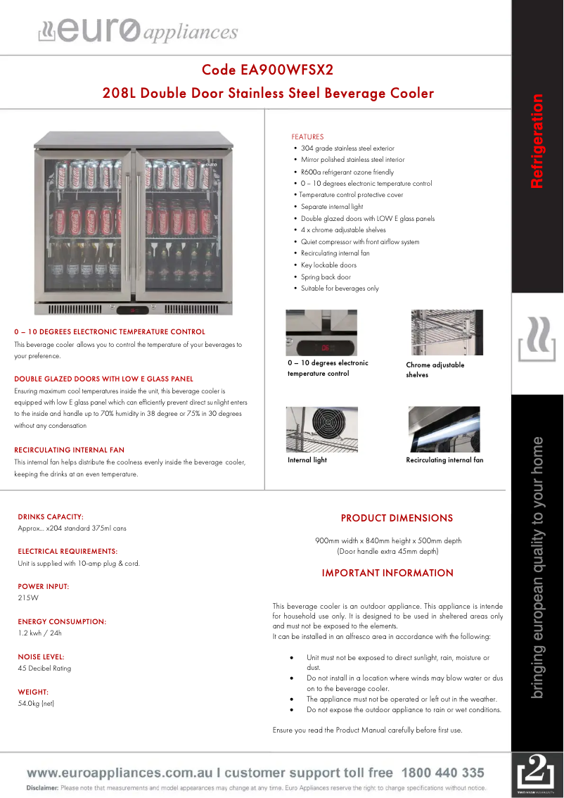 Page 1 de la notice Fiche technique Euro Appliances EA900WFSX2