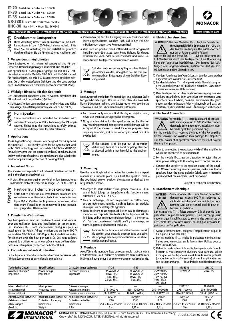 Page 1 de la notice Manuel utilisateur Monacor NR-33KS