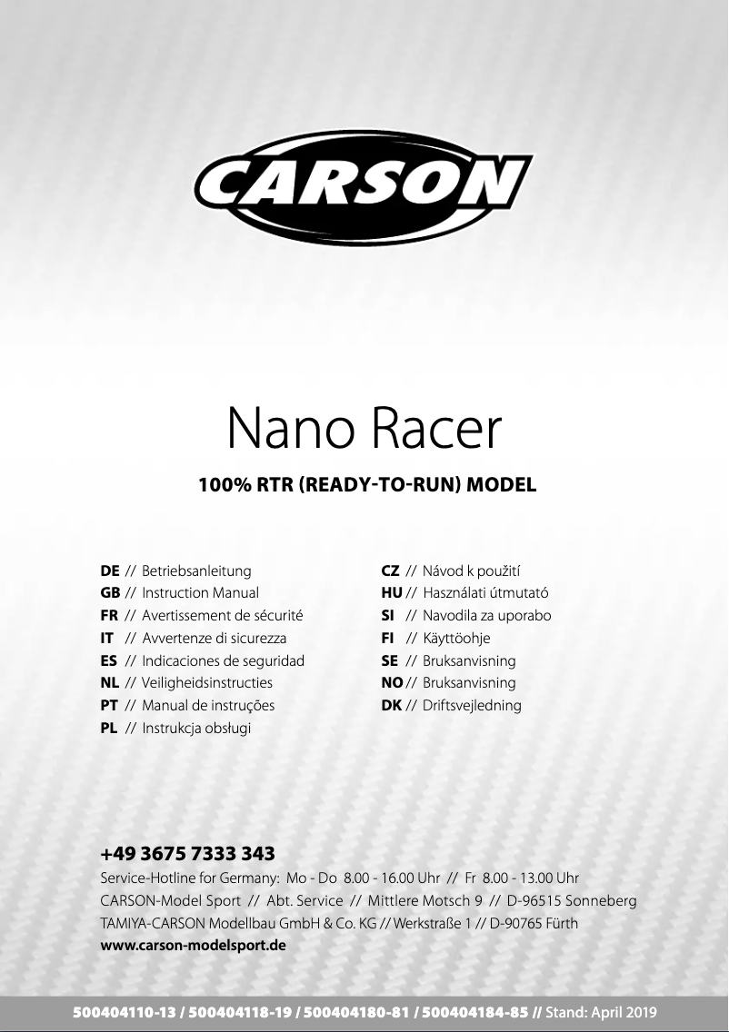 Página 1 del manual Manual de usuario Carson Nano Racer Dr. Speed