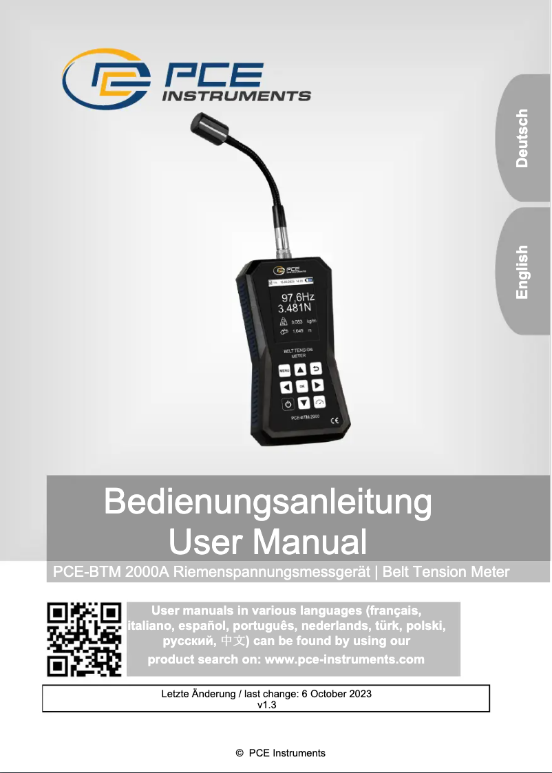 Page 1 de la notice Manuel utilisateur PCE Instruments PCE-BTM 2000A