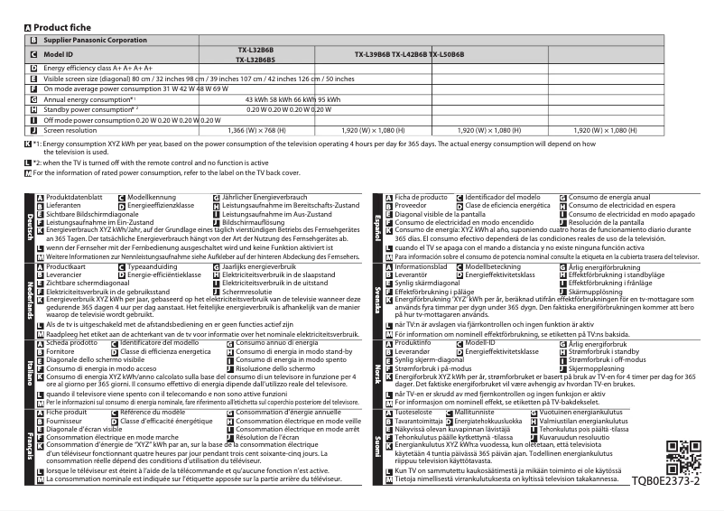 Page 1 de la notice Fiche technique Panasonic Viera TX-L32B6B