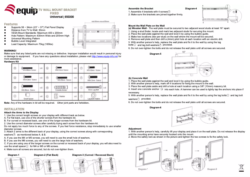 Page 1 de la notice Manuel utilisateur Equip Wall bracket 650200