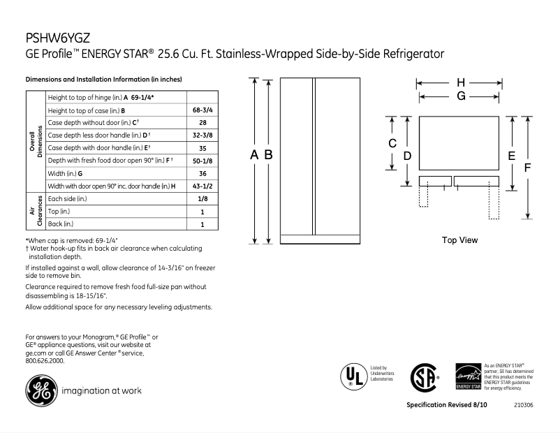 Página 1 del manual Ficha técnica GE PSHW6YGZSS