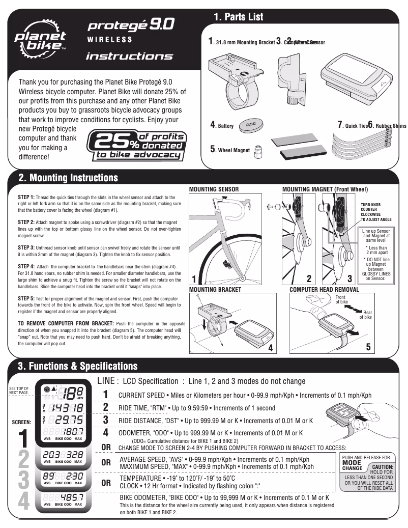 Page 1 de la notice Manuel utilisateur Planet Bike Protege 9.0 Wireless