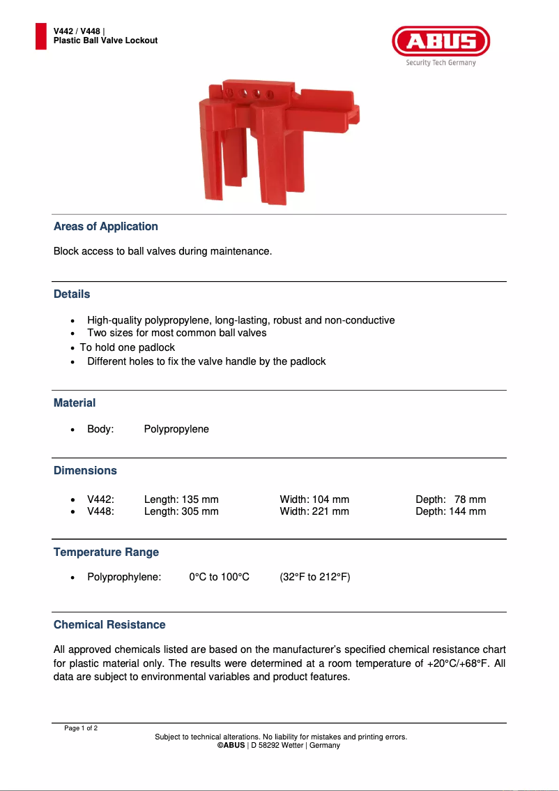 Page n°1 - Fiche technique Abus V442