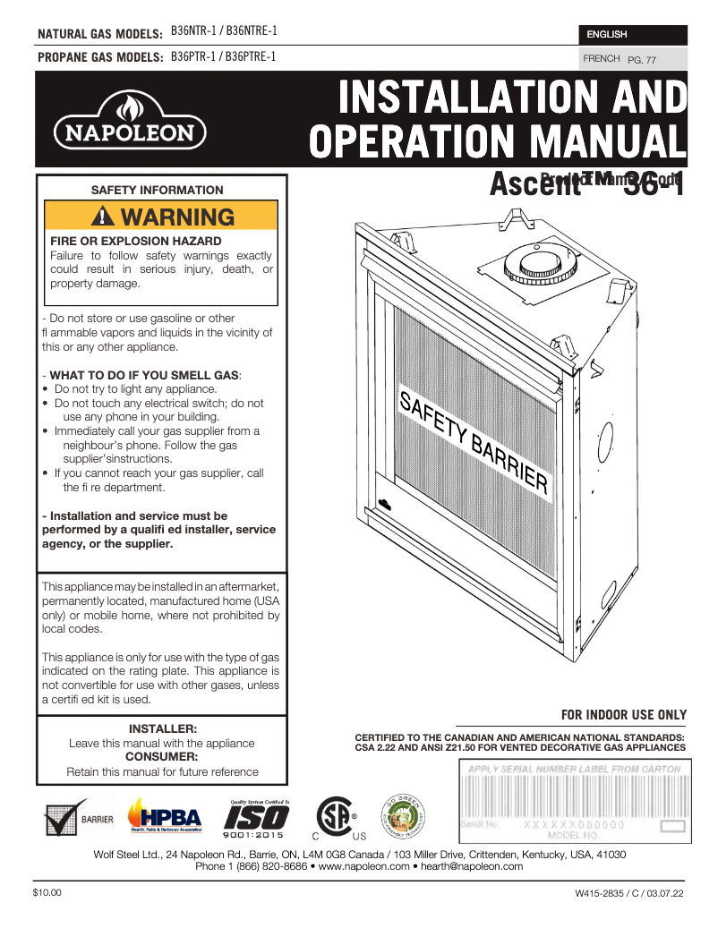 Page n°1 - Manuel utilisateur Napoleon Ascent 36