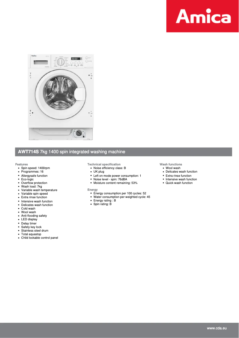 Page 1 de la notice Fiche technique Amica AWT714S