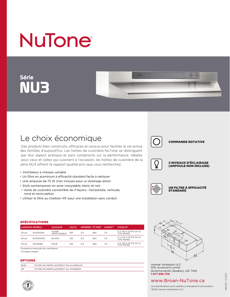 Page 1 de la notice Brochure NuTone NU330WW