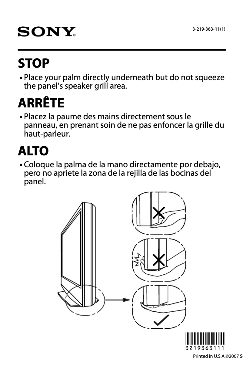 Page 1 de la notice Instructions / montage Sony Bravia KDL-52WL130