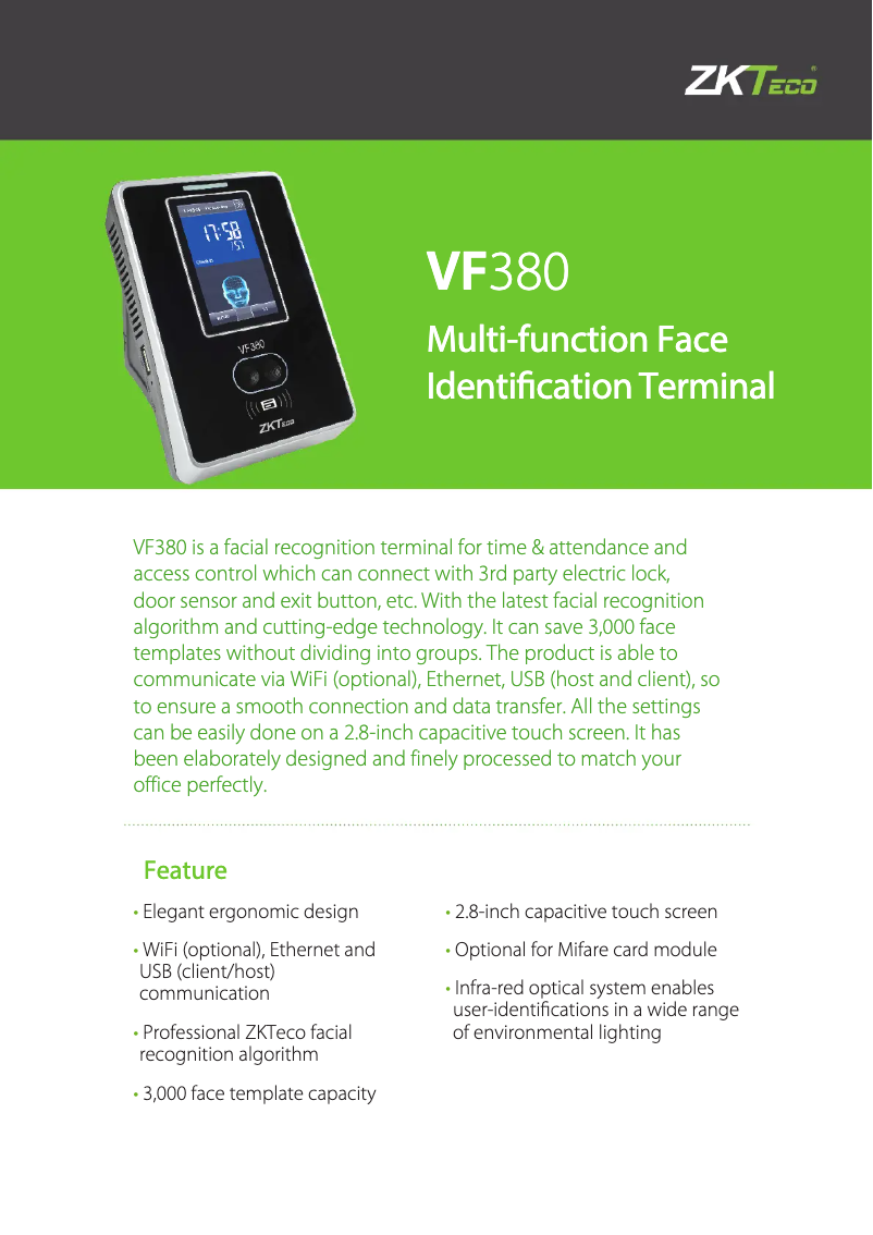 Page 1 de la notice Fiche technique ZKTeco VF380