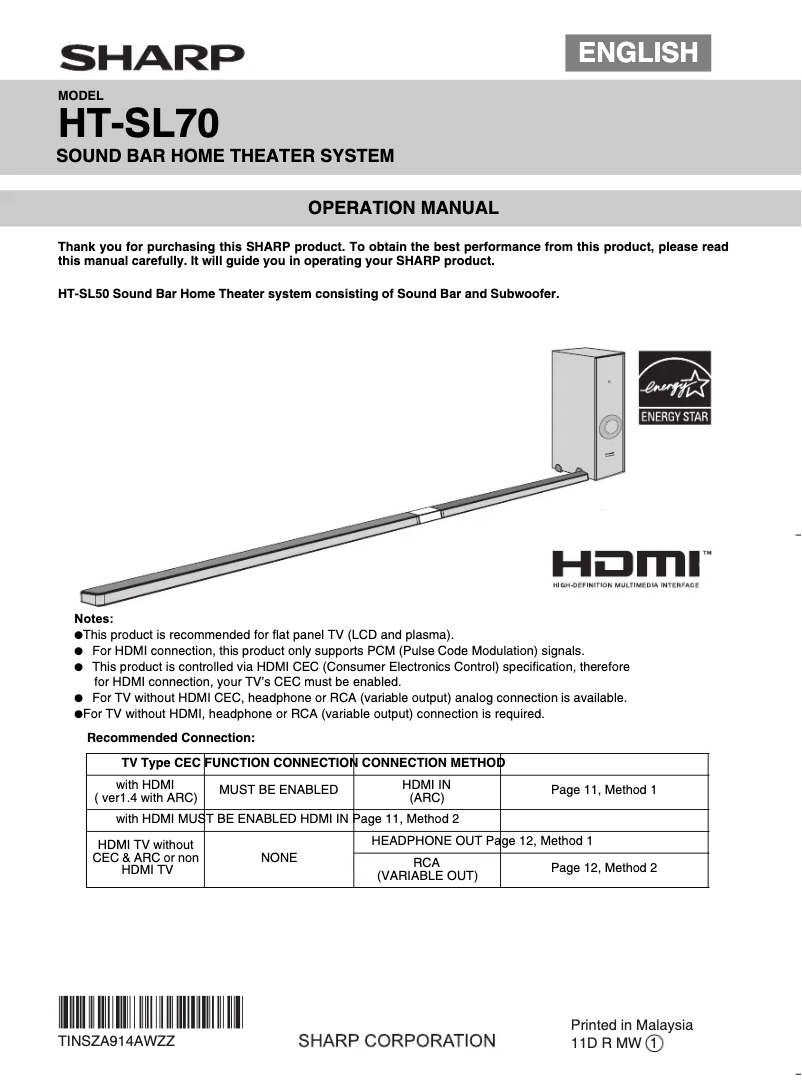 Page n°1 - Manuel utilisateur Sharp HT-SL70