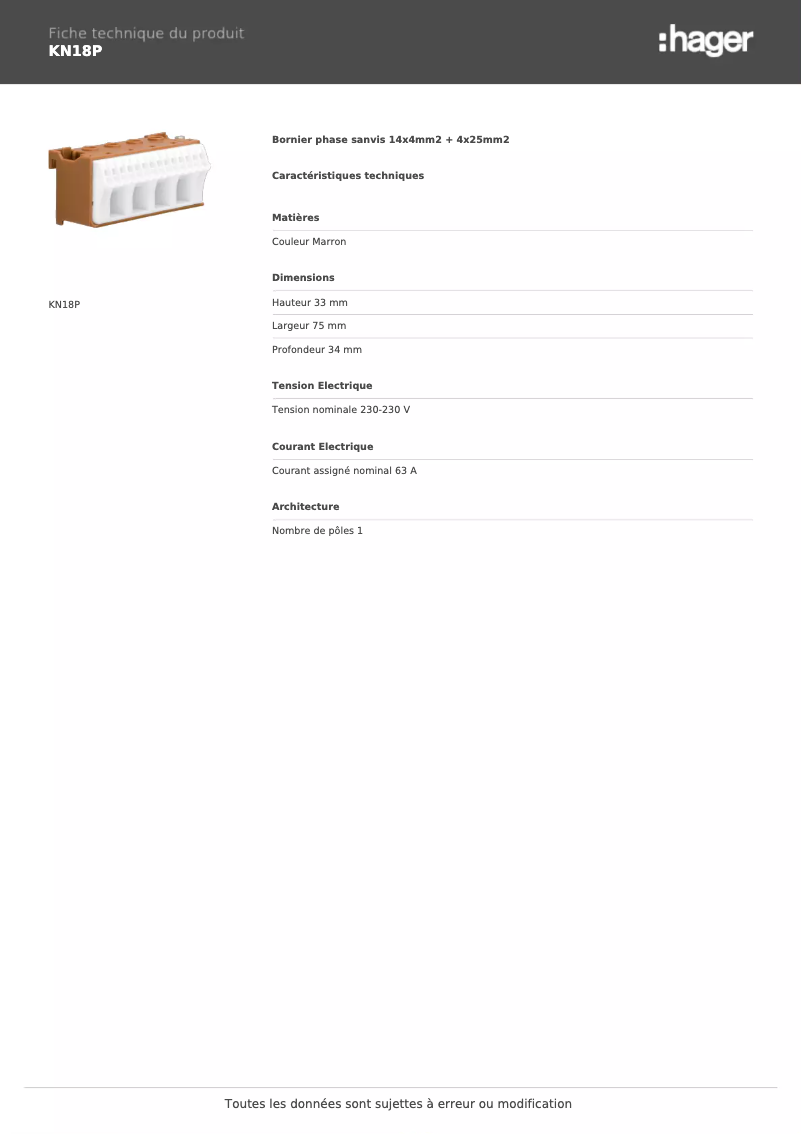 Page 1 de la notice Fiche technique Hager KN18P
