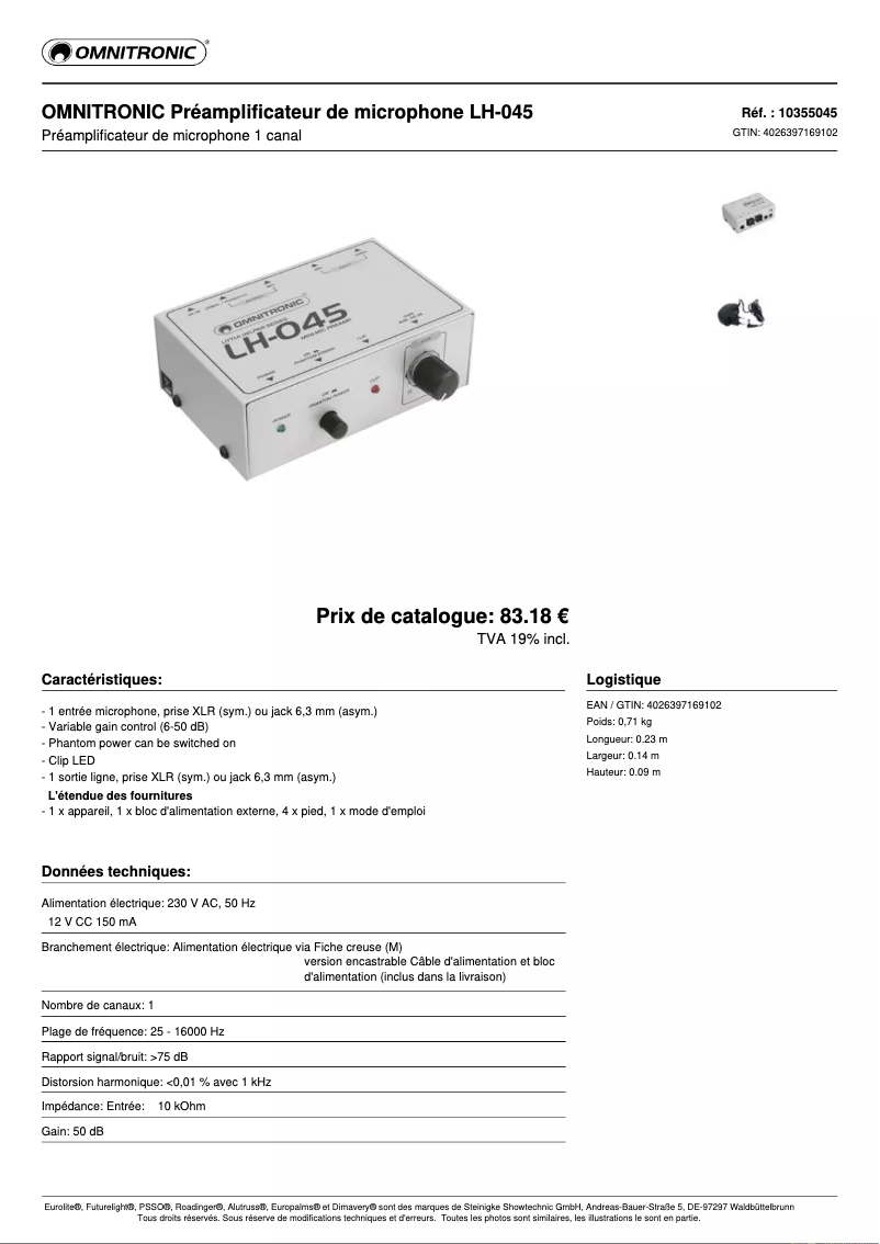 Page 1 de la notice Fiche technique Omnitronic LH-045