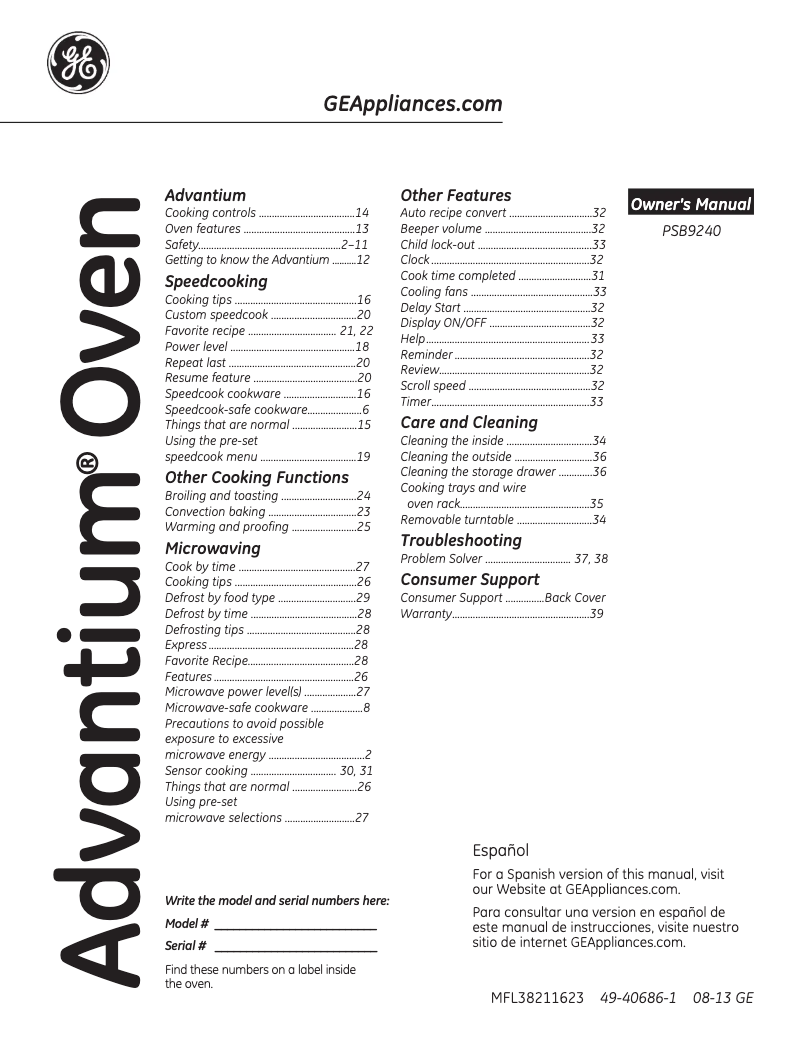 Page n°1 - Manuel utilisateur GE PSB9240SFSS